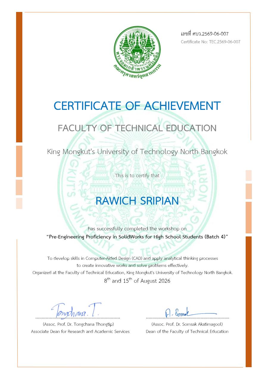 KMUTNB Certificate of Achievement: Pre-Engineering Proficiency in SolidWorks, awarded to Rawich Sripian