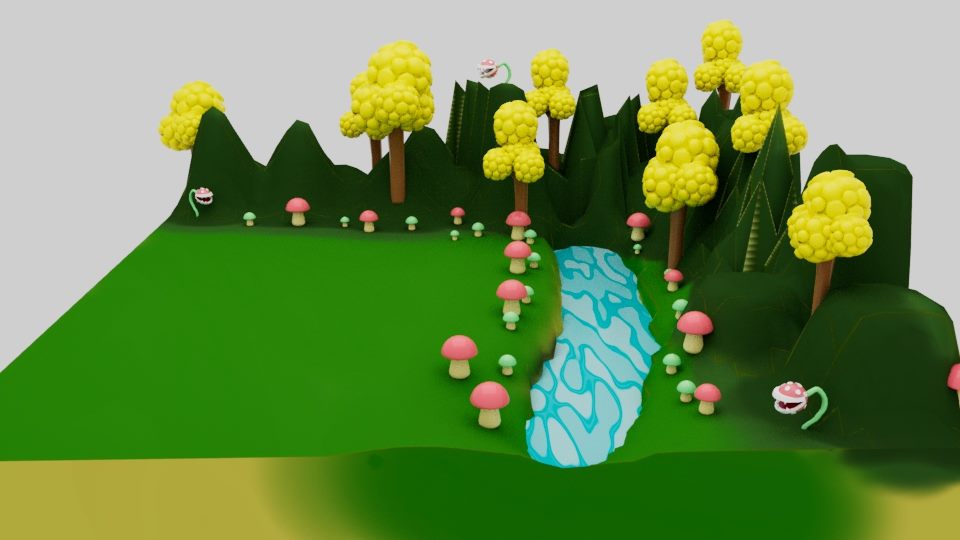 3D terrain with trees and a waterfall